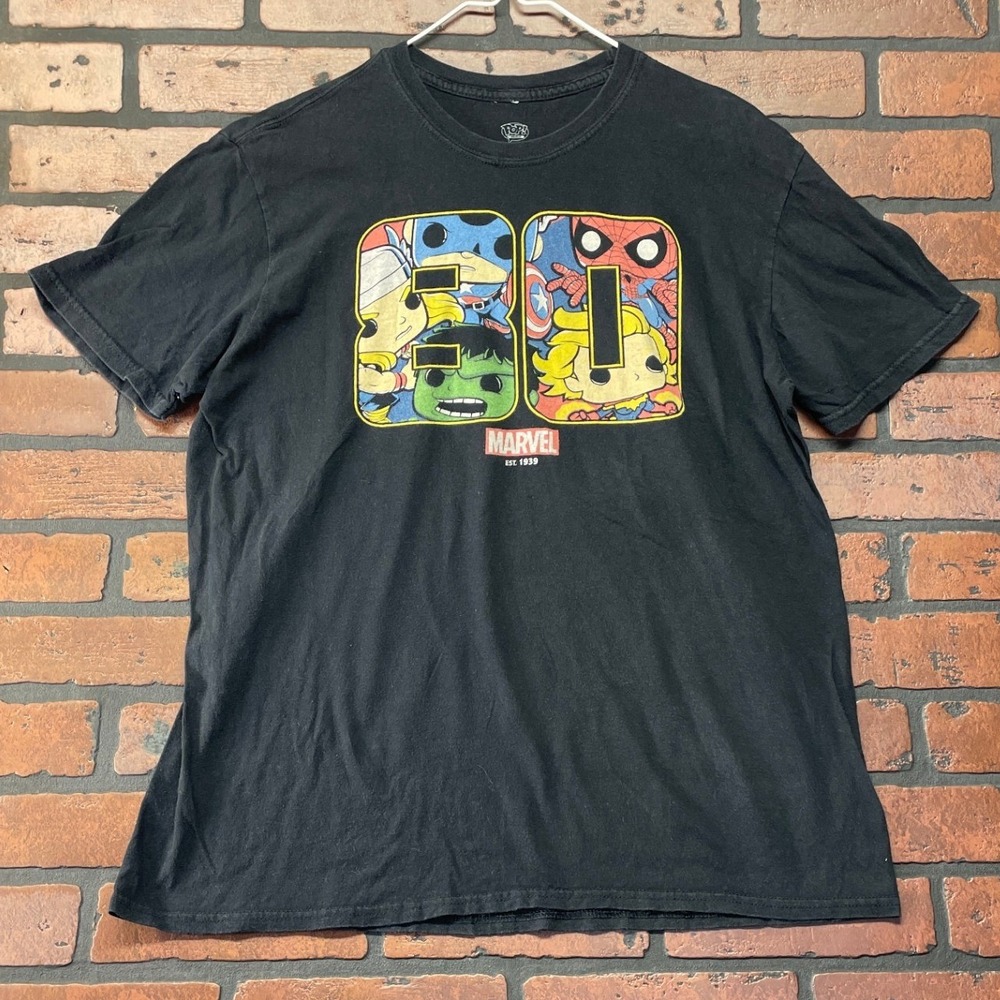 Marvel 80th Anniv Funko Pop Superhero Black Graphic Tee Men's L‎